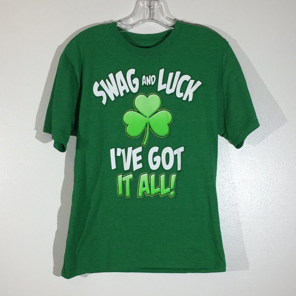 Youth XL Green St. Patrick’s Day T-shirt Shamrock “Swag and Luck” Graphic Tee